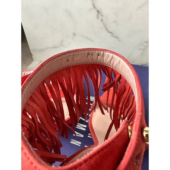 STUART WEITZMAN Red Suede Fringe Ankle Strap Heels Size 7.5 - Picture 7 of 9
